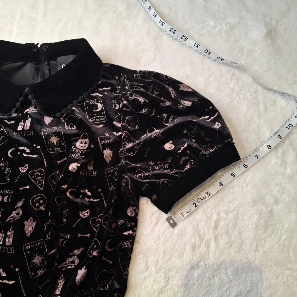 Collectif London Halloween Skater Dress Midi Sz S Velvet Novelty Print Pockets - Picture 14 of 16